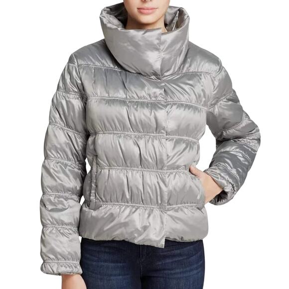Eileen Fisher Womens Silver Funnel Neck Puffer Satin Down Jacket Size S - Picture 2 of 7